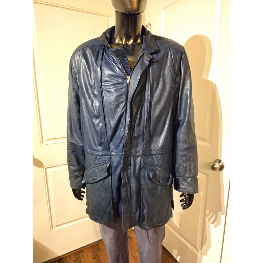 Monsieur Albert Men's Blue Leather Jacket Full Zip Snap Lined Mid-Length EU 54